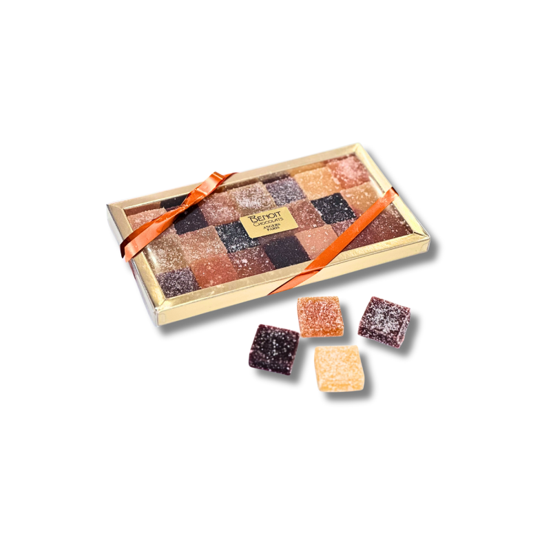 Box of fruits pasts and jellies